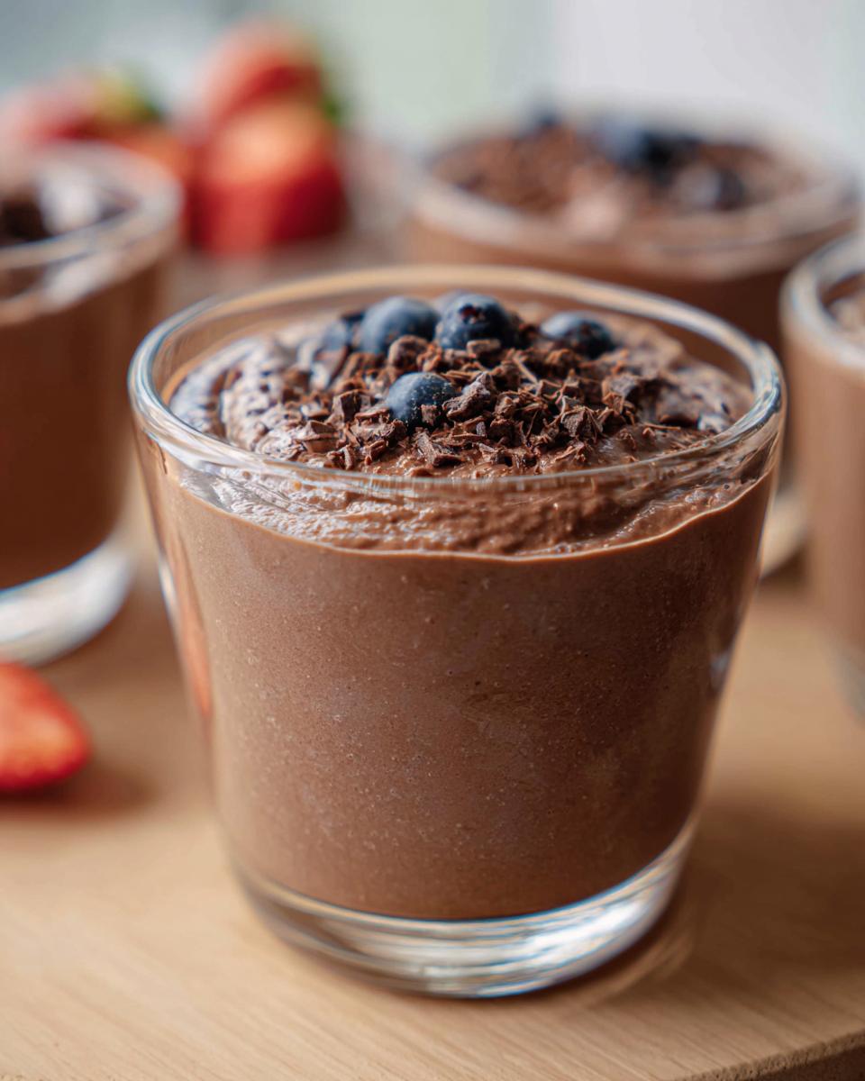 Close-up of a glass filled with Chocolate Protein Pudding, topped with blueberries and chocolate shavings.