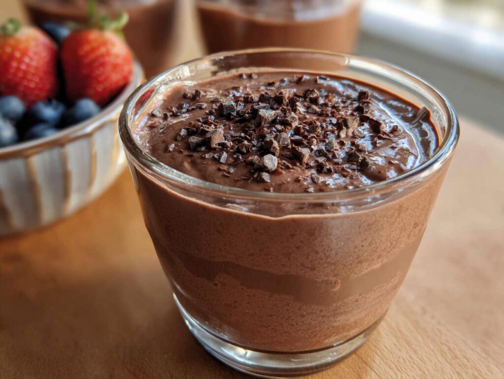 A glass of creamy Chocolate Protein Pudding topped with chocolate shavings, with berries in the background.