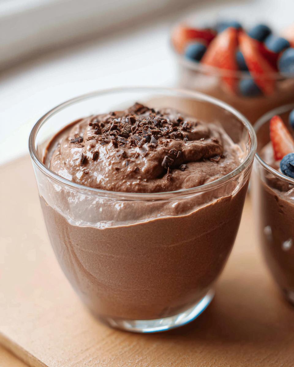 Glass filled with creamy Chocolate Protein Pudding, topped with chocolate shavings. Berries in background.