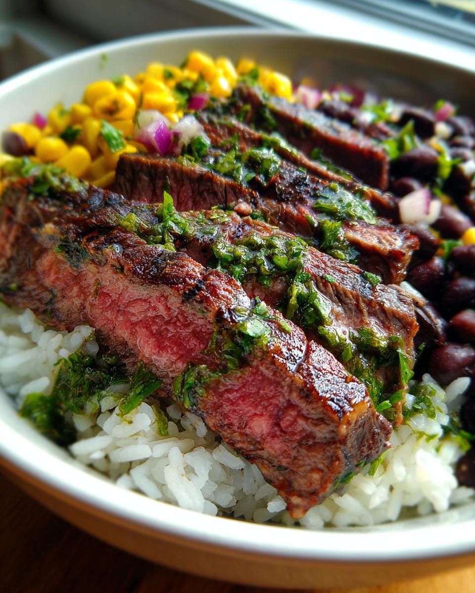 Close-up of a Cilantro Lime Steak Bowl with sliced steak, rice, corn, and black beans.
