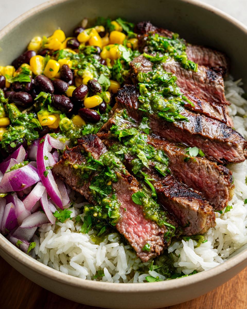 A vibrant Cilantro Lime Steak Bowl filled with rice, steak, corn, beans, and red onions.