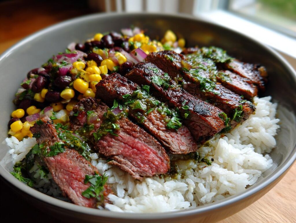 Close-up of a Cilantro Lime Steak Bowl with rice, corn, black beans, and sliced steak topped with cilantro lime sauce.