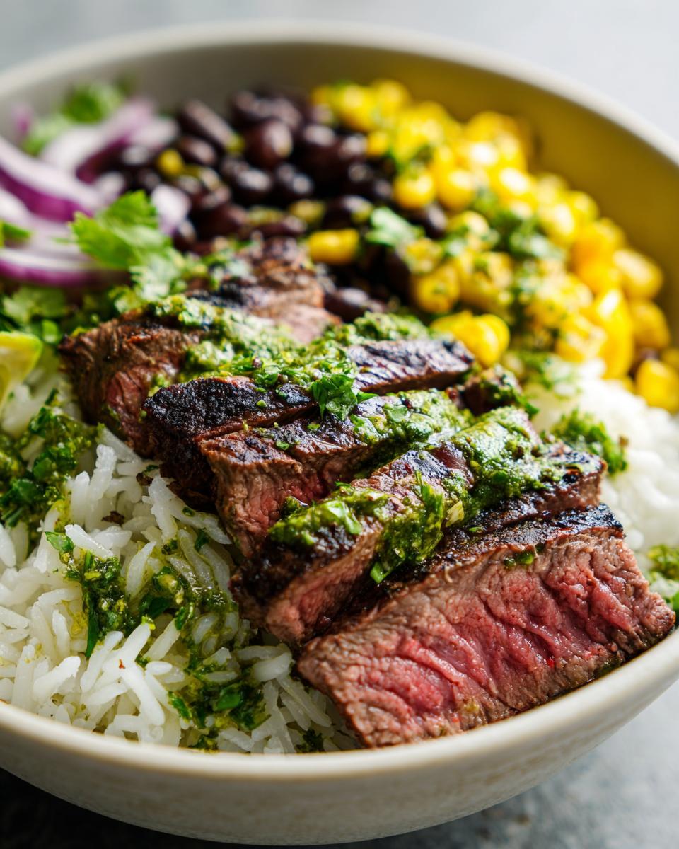 A delicious Cilantro Lime Steak Bowls with rice, black beans, corn, red onion, and cilantro.