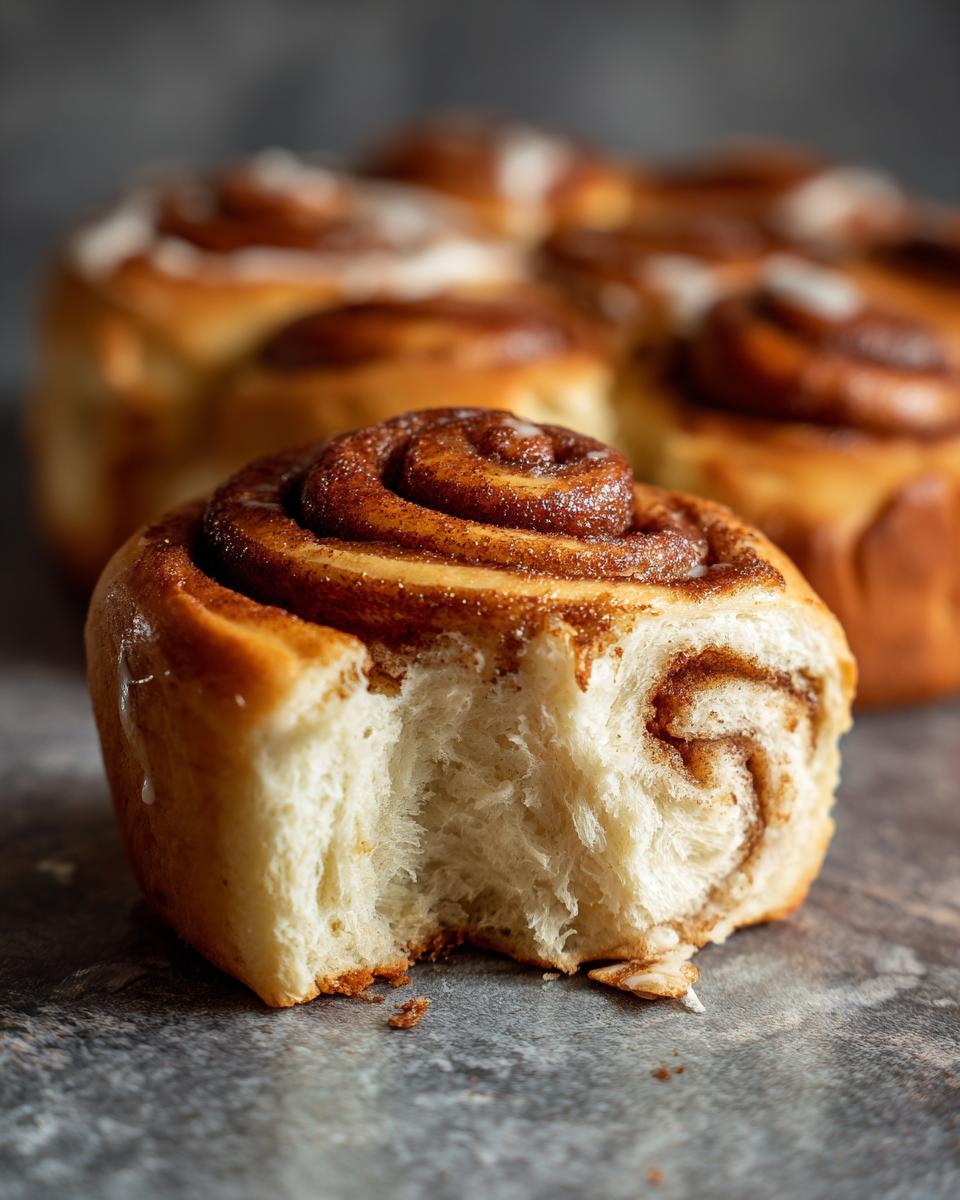 A cinnamon roll with a bite taken out of it, showing the soft interior layers.