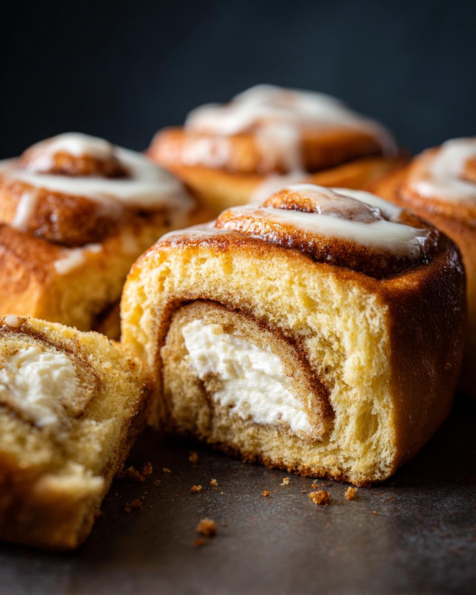 Close-up of iced cinnamon rolls, not Keto Garlic Butter Meatballs, with a creamy filling and glaze.