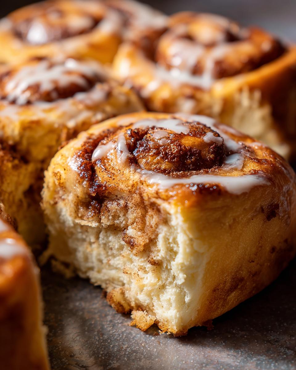 Close-up of freshly baked cinnamon rolls with icing. Not related to Keto Garlic Butter Meatballs recipe.
