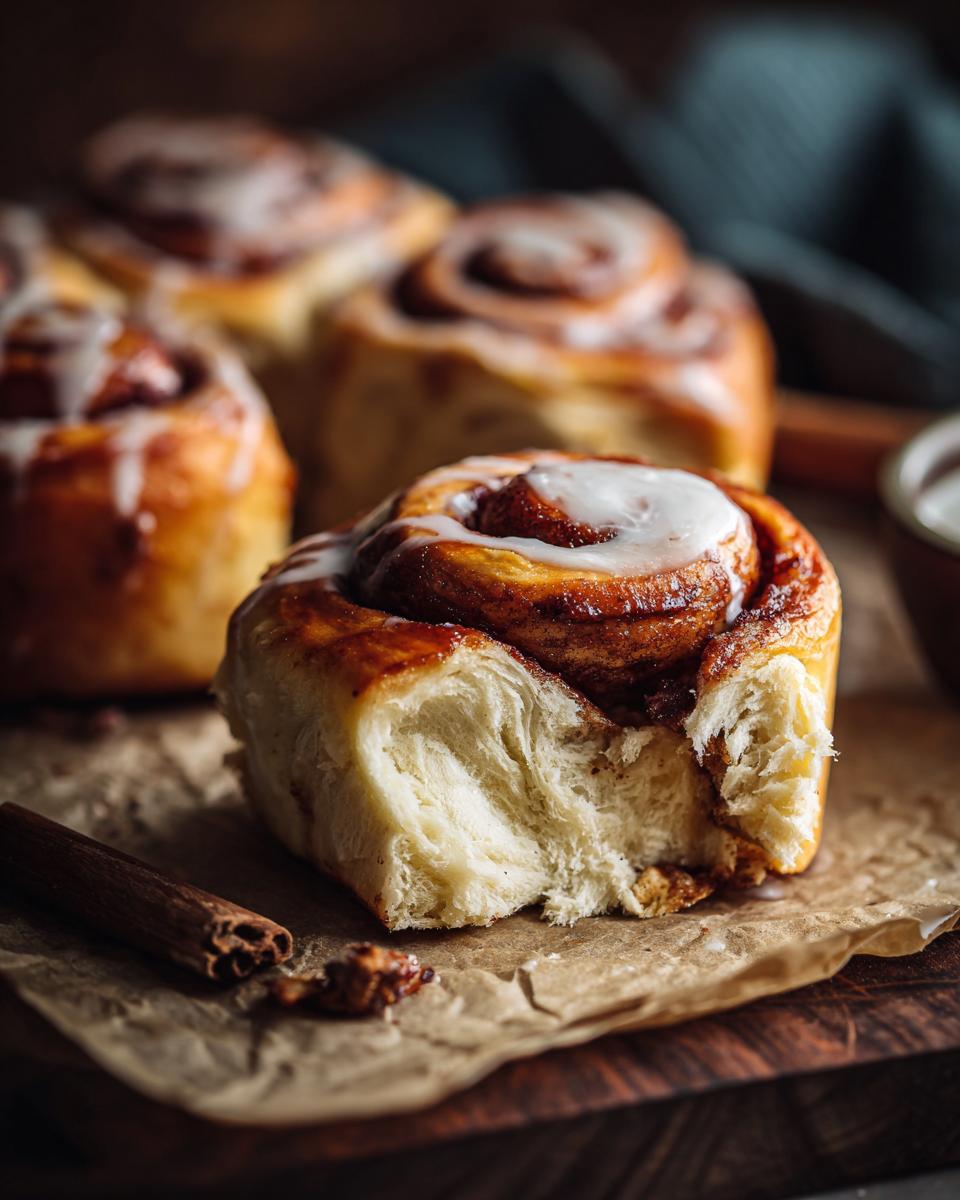Close-up of cinnamon rolls, not Keto Garlic Butter Meatballs, on brown paper with a cinnamon stick.