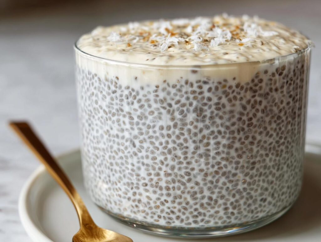 A glass filled with creamy Coconut Chia Pudding Recipe, topped with coconut flakes and a golden spoon on the side.