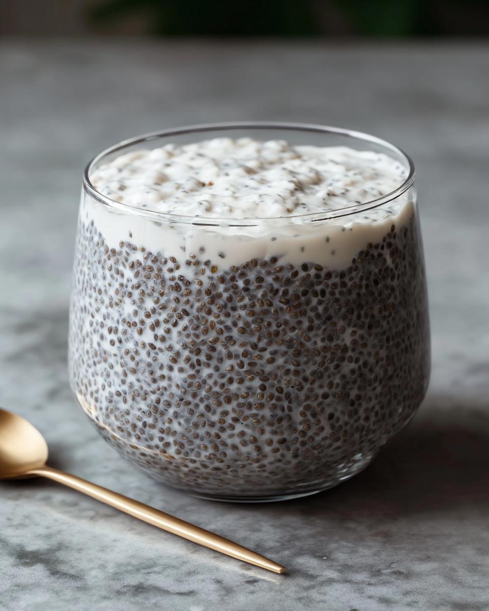 Close-up of a glass filled with creamy Coconut Chia Pudding, topped with coconut cream. A golden spoon rests nearby.