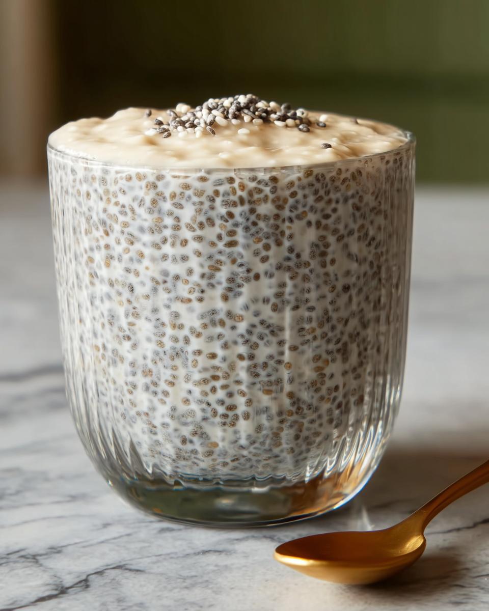 A glass filled with creamy Coconut Chia Pudding, topped with seeds, and a golden spoon on the side.