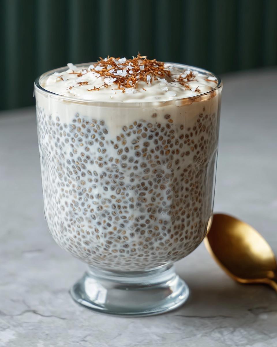 A glass filled with coconut chia pudding, topped with coconut flakes and a creamy layer.