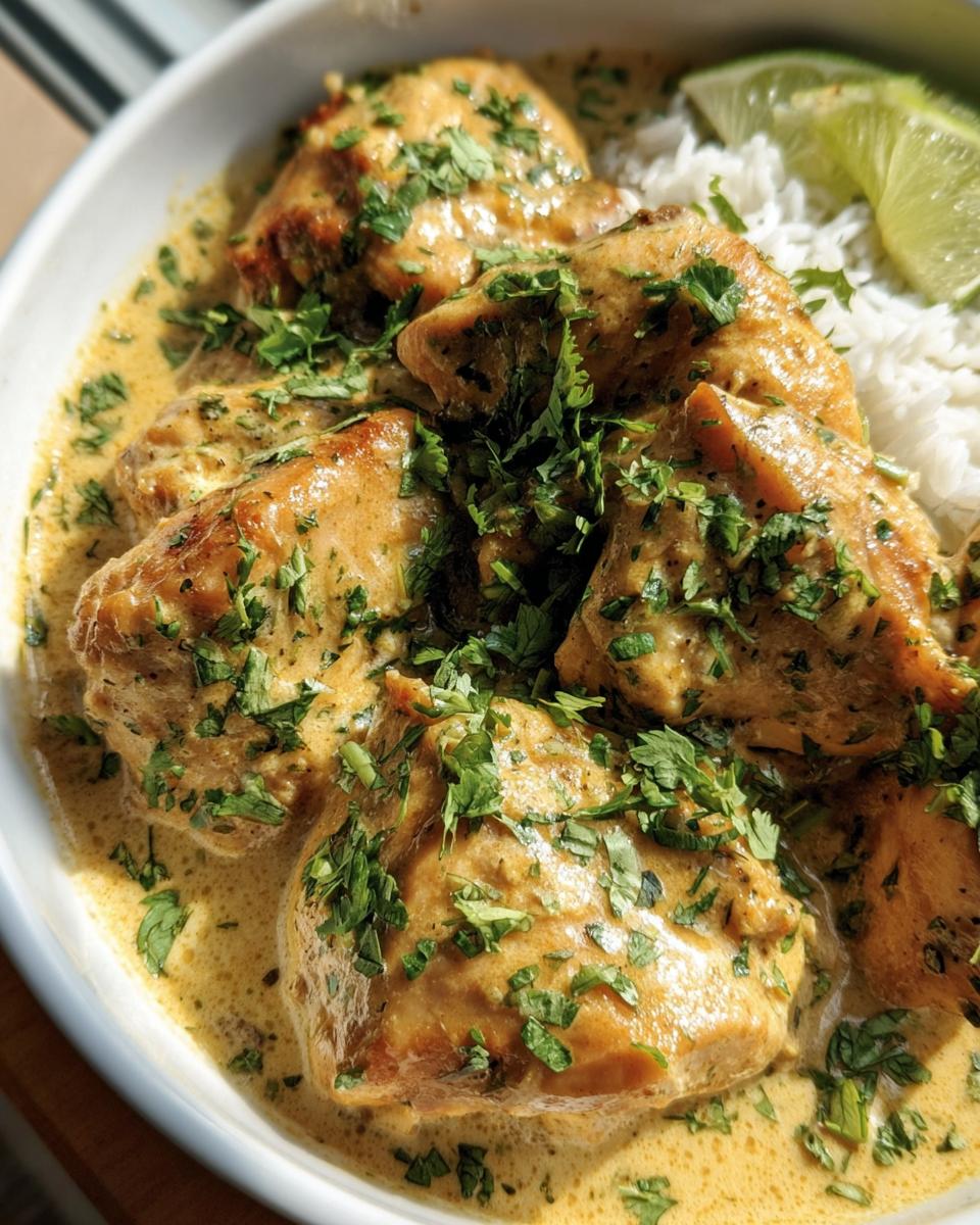 Close-up of Coconut Lime Chicken served in a bowl with rice and a lime wedge, garnished with fresh cilantro.