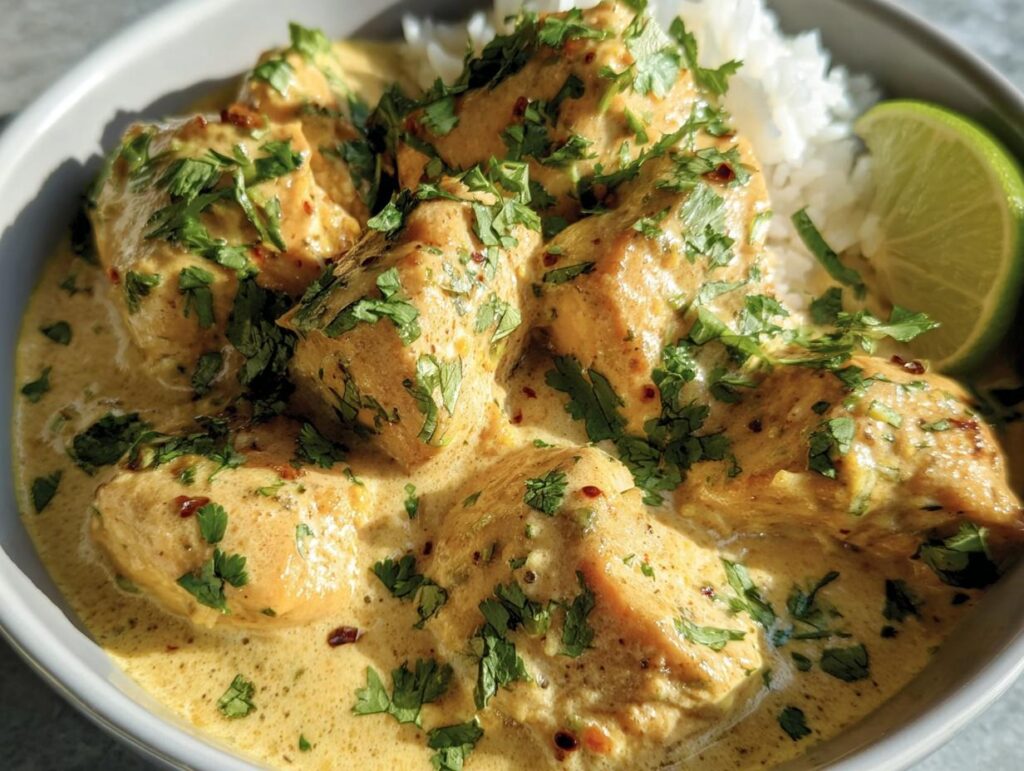 A bowl of Coconut Lime Chicken with rice, garnished with cilantro and a lime wedge.