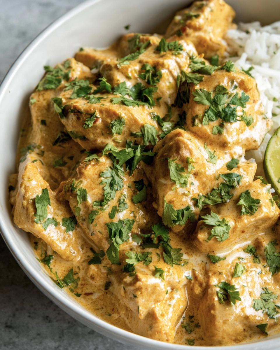 A bowl of Coconut Lime Chicken with rice and fresh cilantro, garnished with a lime wedge.