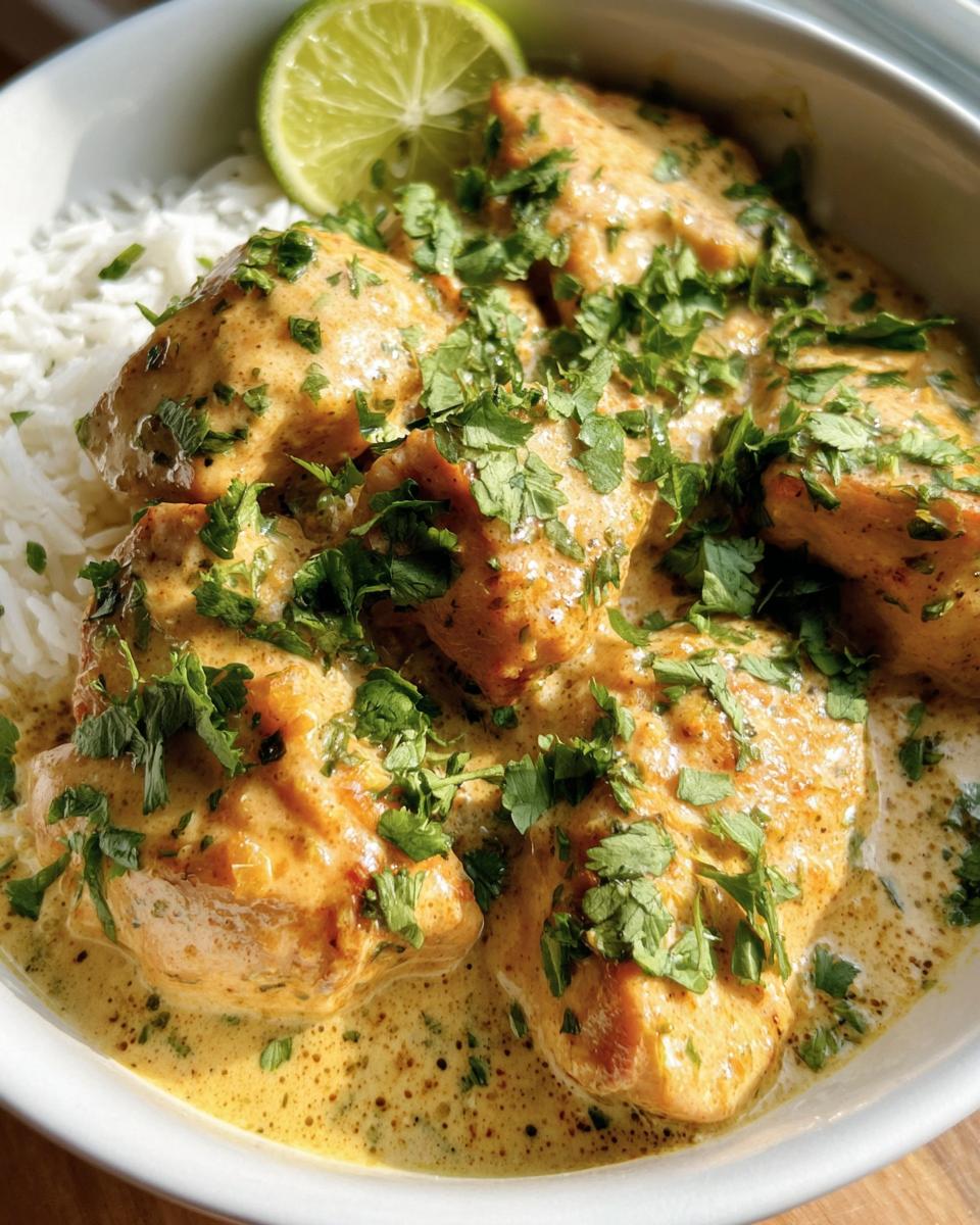 A bowl of Coconut Lime Chicken served over rice, garnished with cilantro and a lime wedge.