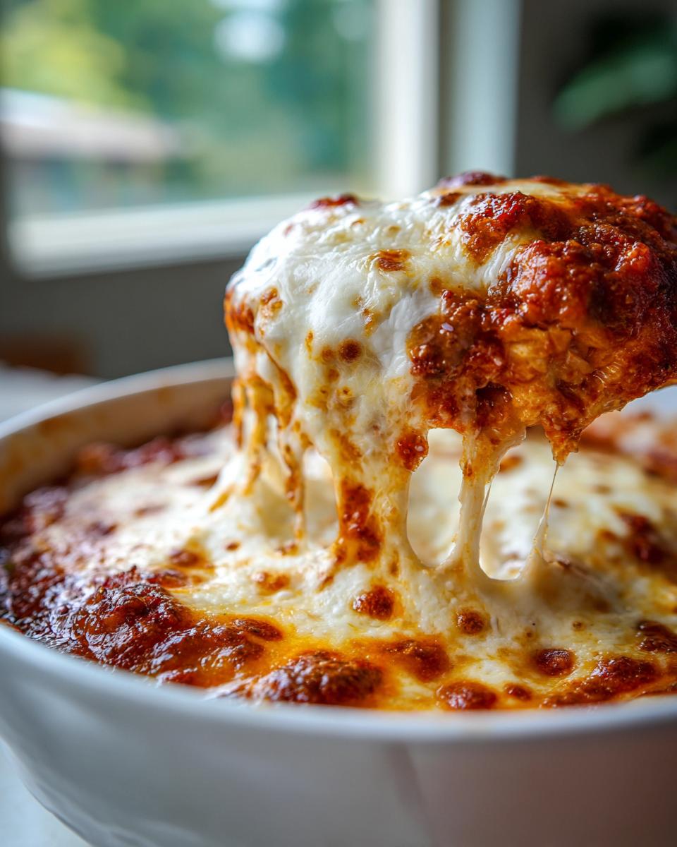 A spoonful of Cottage Cheese Lasagna Bowl being lifted, showing melted cheese and layers of sauce.