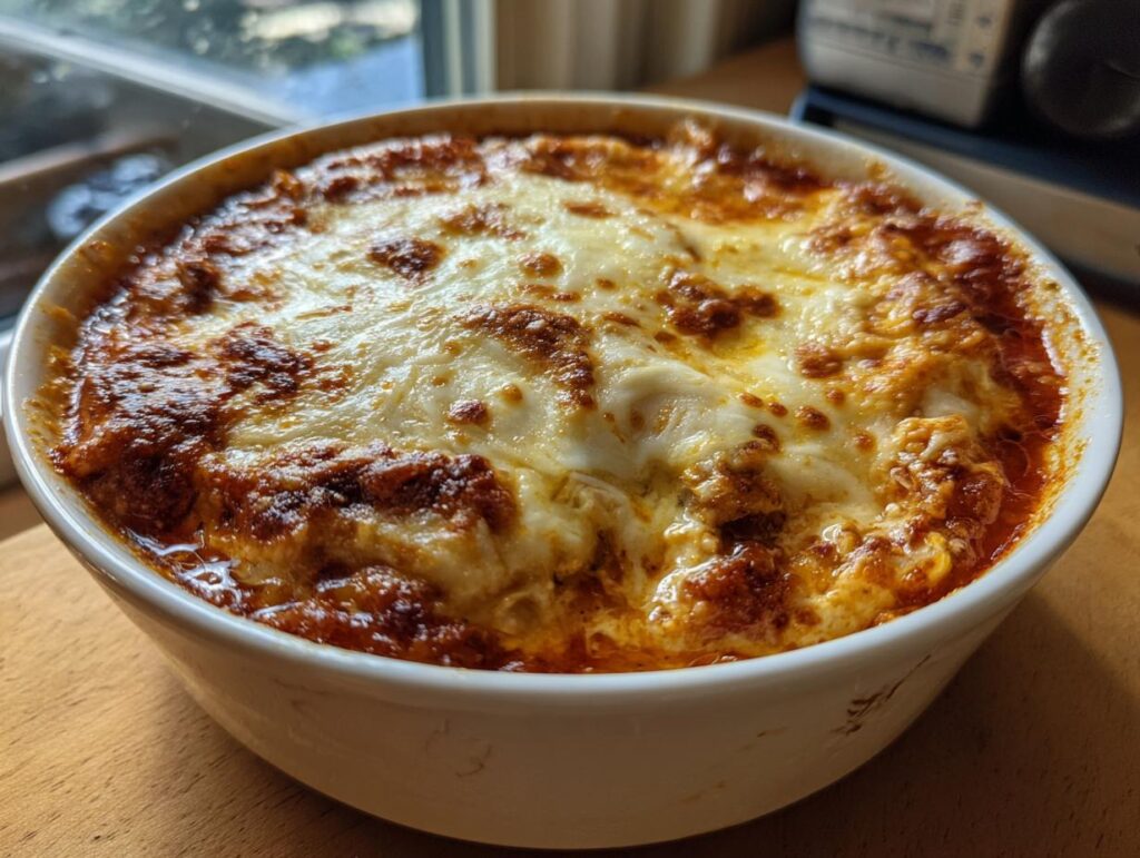 A baked Cottage Cheese Lasagna Bowl with a bubbly cheese topping in a white ceramic bowl.
