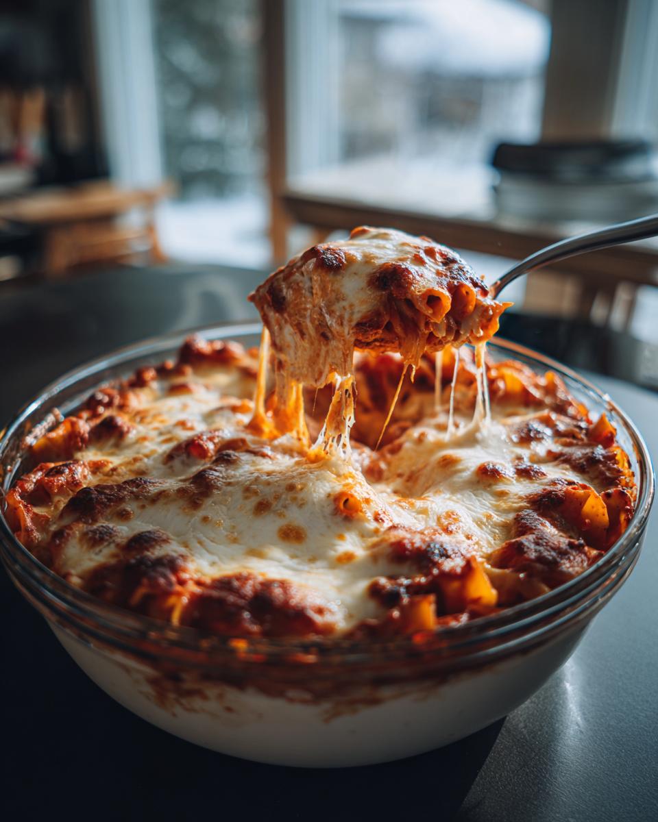 A spoonful of cheesy Cottage Cheese Lasagna Bowl being lifted from a glass bowl, showing layers of pasta, sauce, and melted cheese.