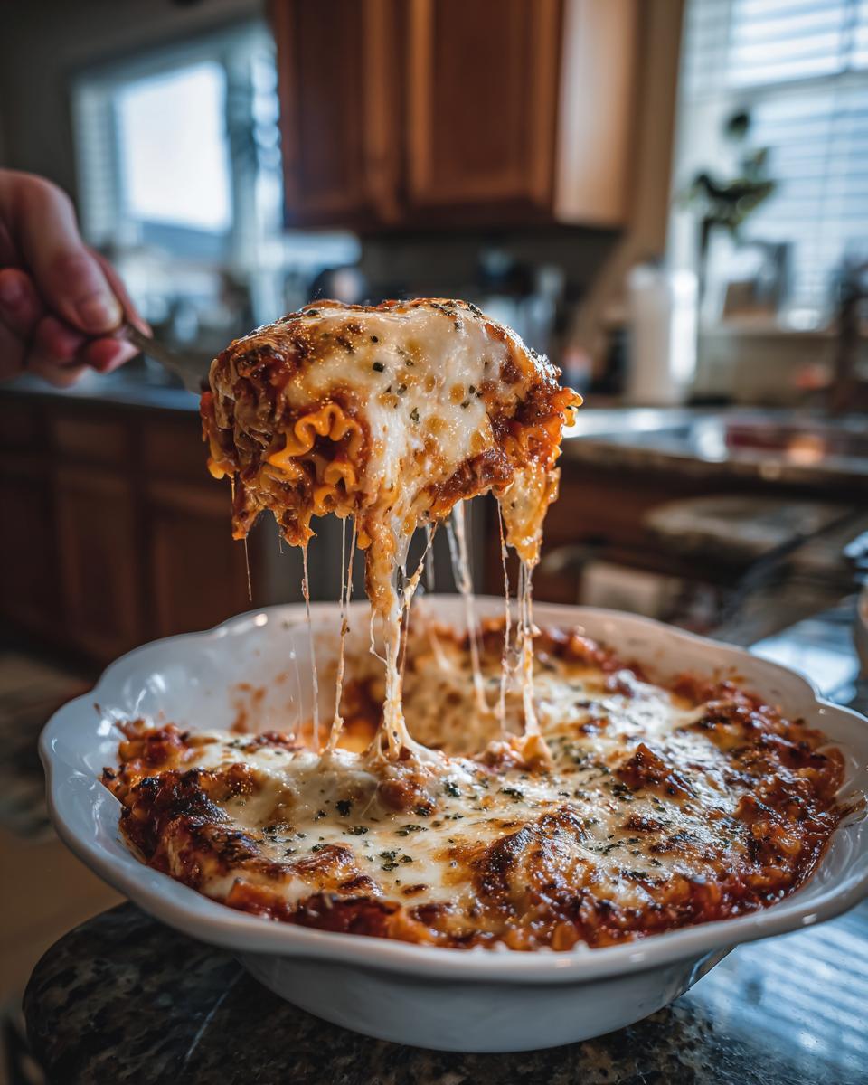 A spoonful of cheesy Cottage Cheese Lasagna Bowl being lifted, showing the cheese pull.