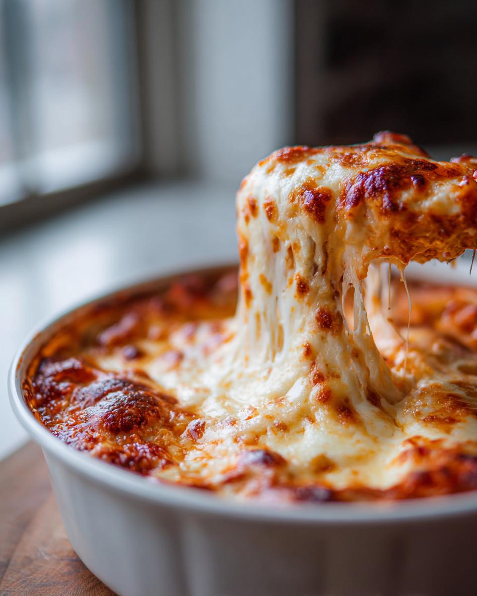 A spoonful of cheesy Cottage Cheese Lasagna Bowl being lifted, showing melted cheese.