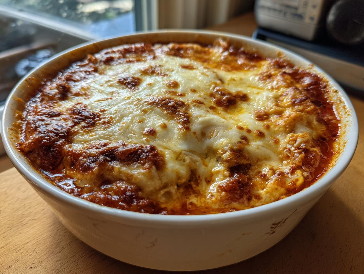 A baked Cottage Cheese Lasagna Bowl with a bubbly cheese topping in a white ceramic bowl.