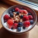 A delicious Cottage Cheese Protein Bowl topped with fresh berries and nuts.