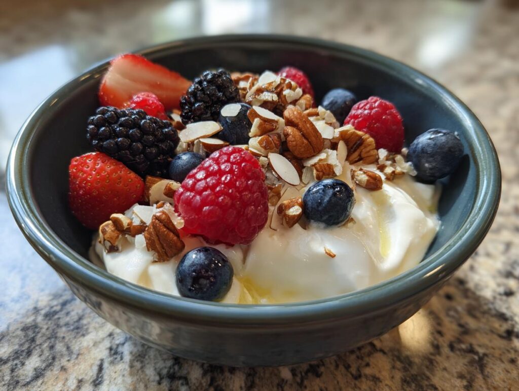 A vibrant Cottage Cheese Protein Bowl topped with mixed berries and nuts in a blue bowl.