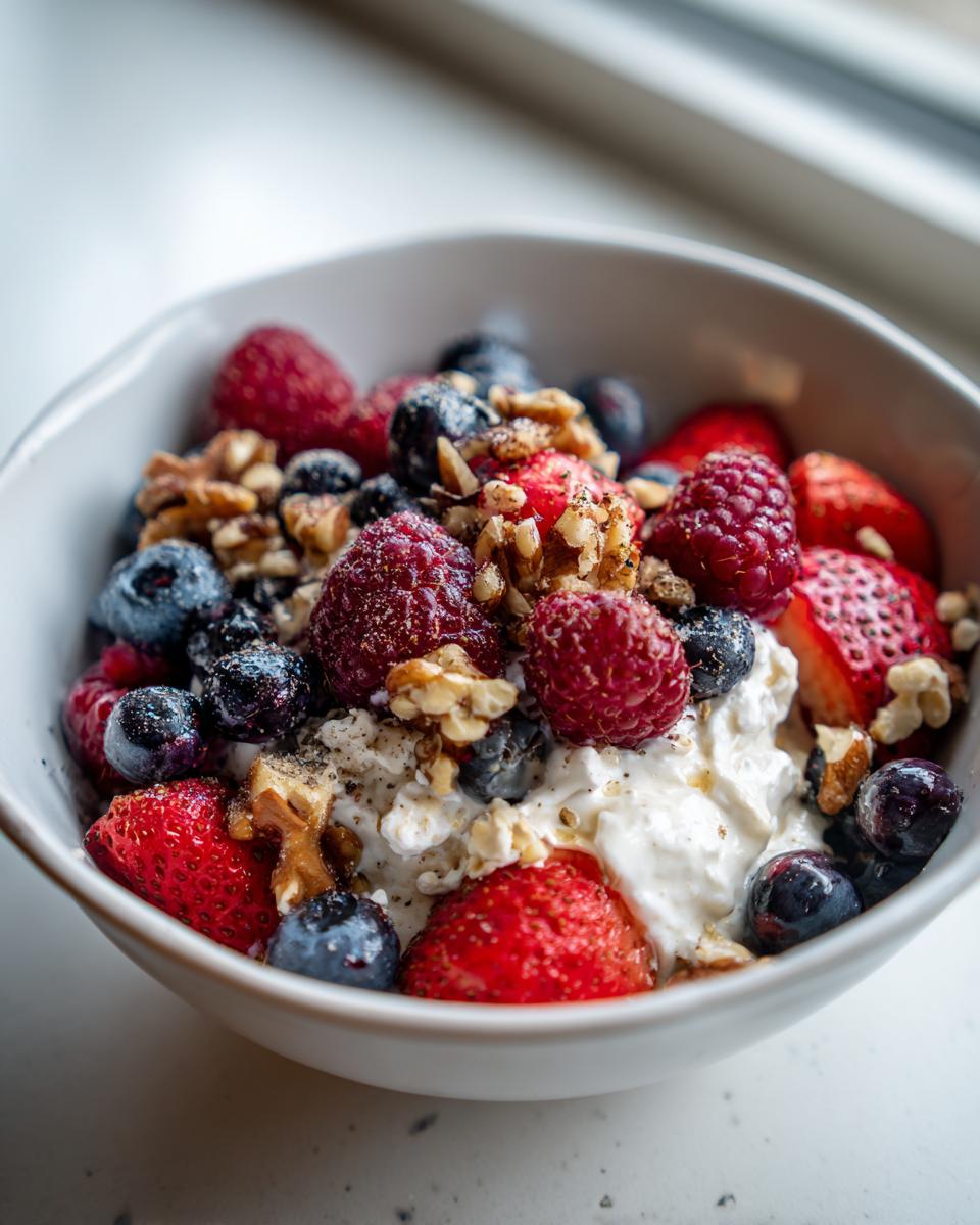A white bowl filled with cottage cheese, topped with fresh strawberries, blueberries, raspberries, and walnuts. Cottage Cheese Protein Bowl.