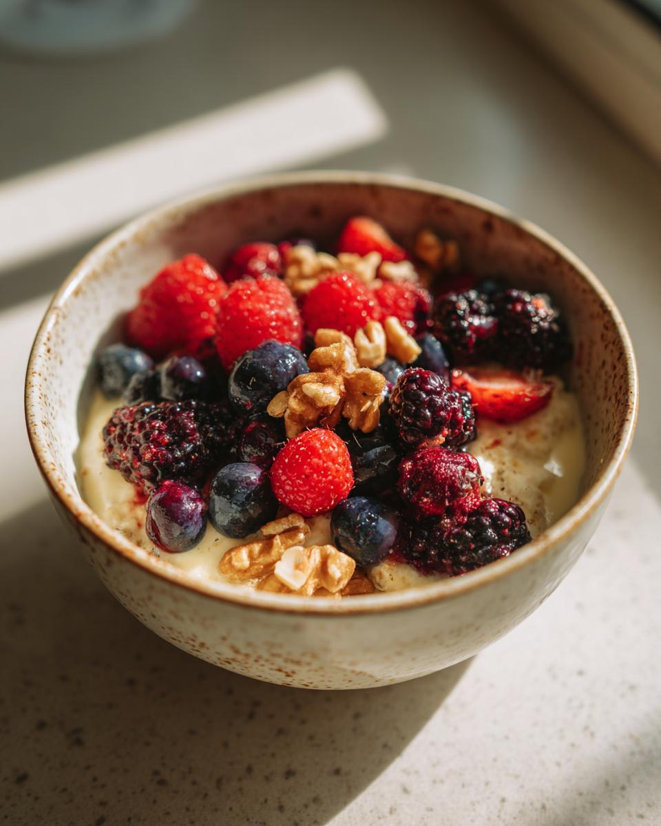 A vibrant Cottage Cheese Protein Bowl topped with mixed berries and walnuts in a speckled ceramic bowl.