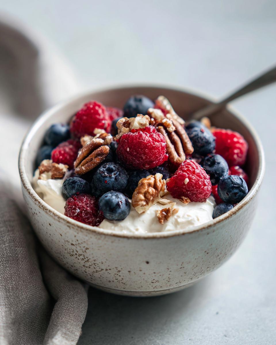 A delicious Cottage Cheese Protein Bowl topped with fresh raspberries, blueberries, and crunchy nuts.