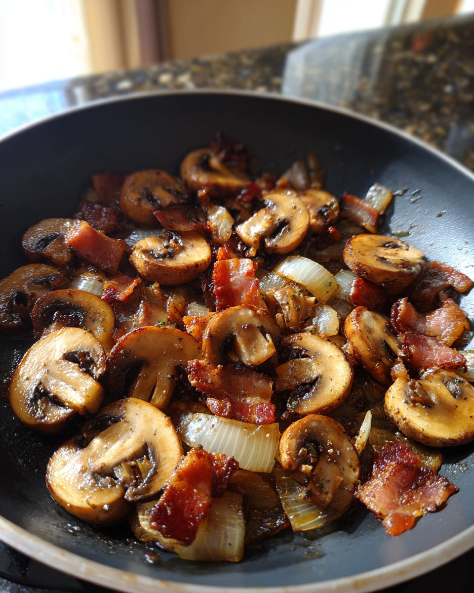 A skillet filled with sauteed Cowboy Mushrooms, bacon, and onions, ready to be served as a side dish.