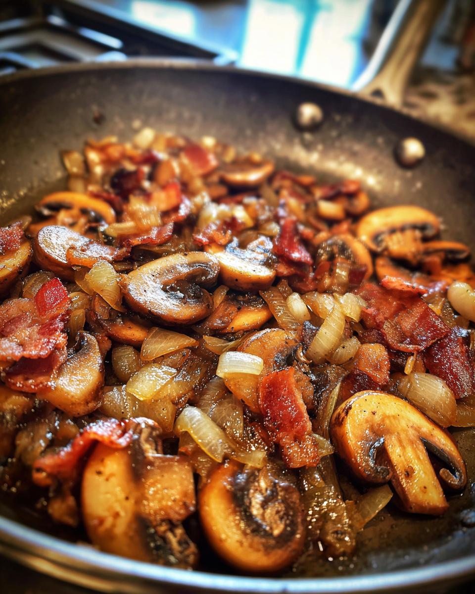 Close-up of Cowboy Mushrooms sautéed with bacon and onions in a skillet.