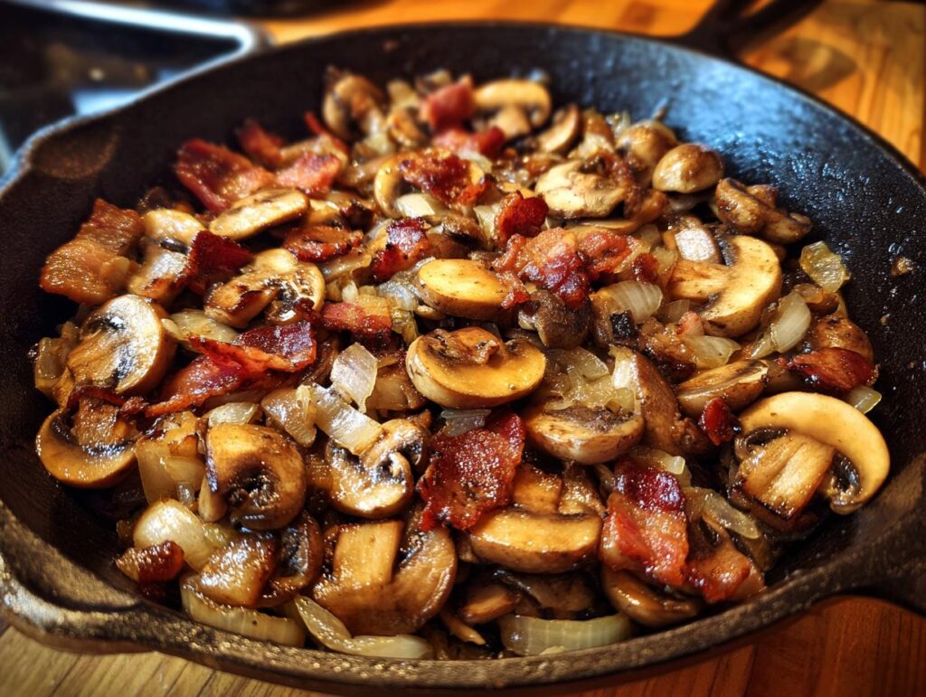 Close-up of Cowboy Mushrooms with bacon and onions, cooked in a cast iron skillet.