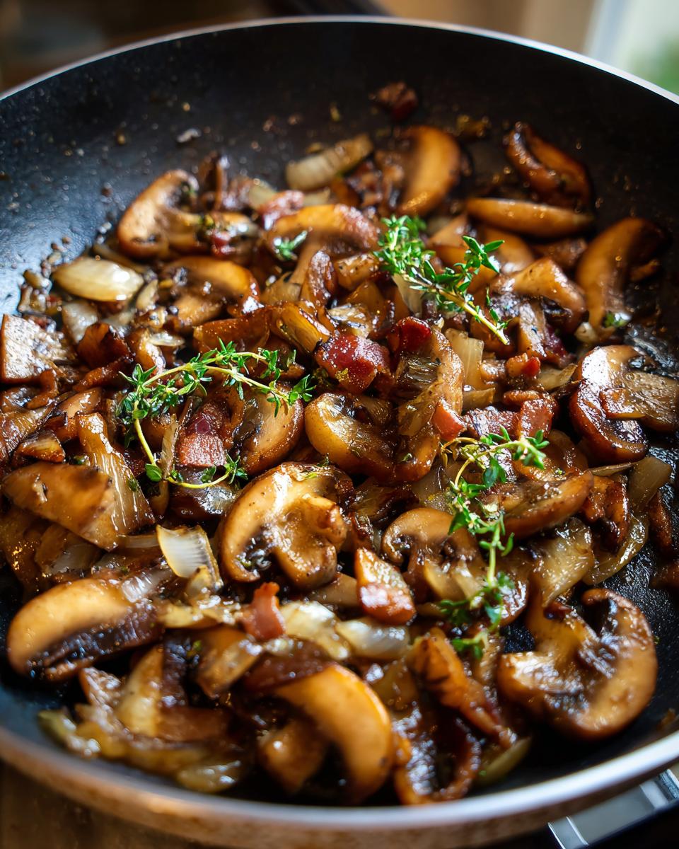 Close-up of Cowboy Mushrooms sautéed with onions and bacon in a skillet, garnished with thyme.