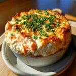 A freshly baked Crab Cottage Cheese Bowl topped with chives, served on a plate.
