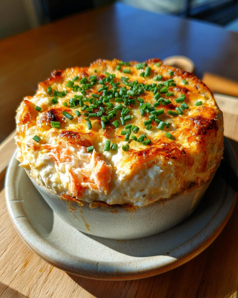 A freshly baked Crab Cottage Cheese Bowl topped with chives, served on a plate.
