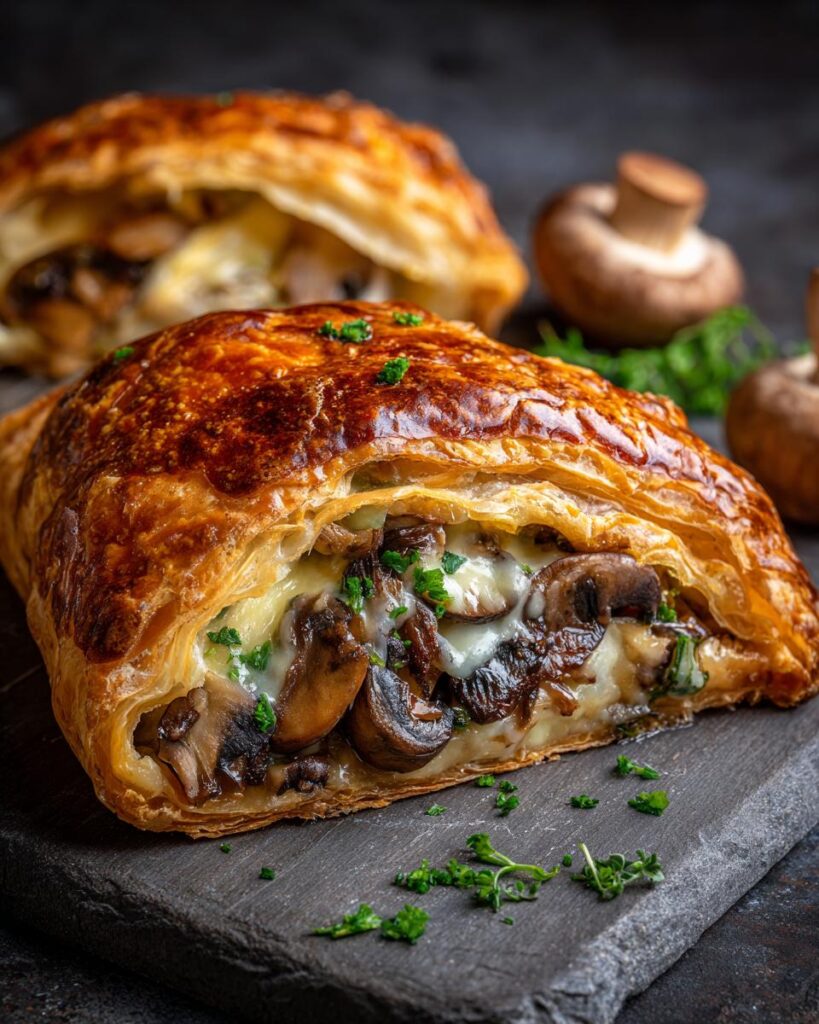 Close-up of a flaky pastry filled with mushrooms and cheese, a Crab Crescent Bites Delight alternative.