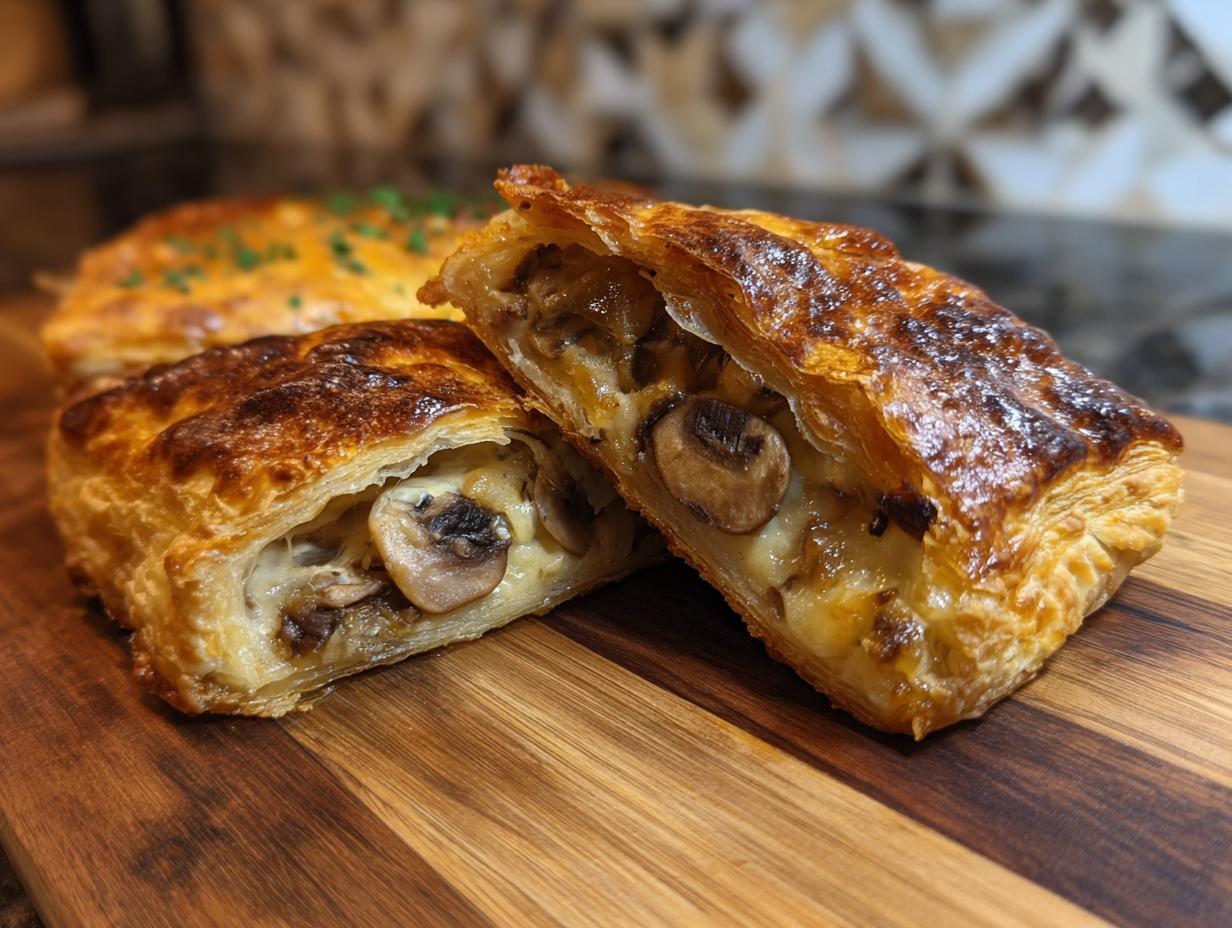 Close-up of Crab Crescent Bites Delight filled with crab and mushrooms on a wooden board.