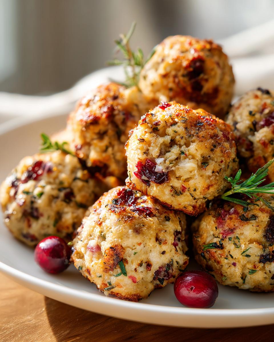 A close-up of a stack of Cranberry Turkey Stuffing Balls on a white plate, garnished with cranberries and rosemary.