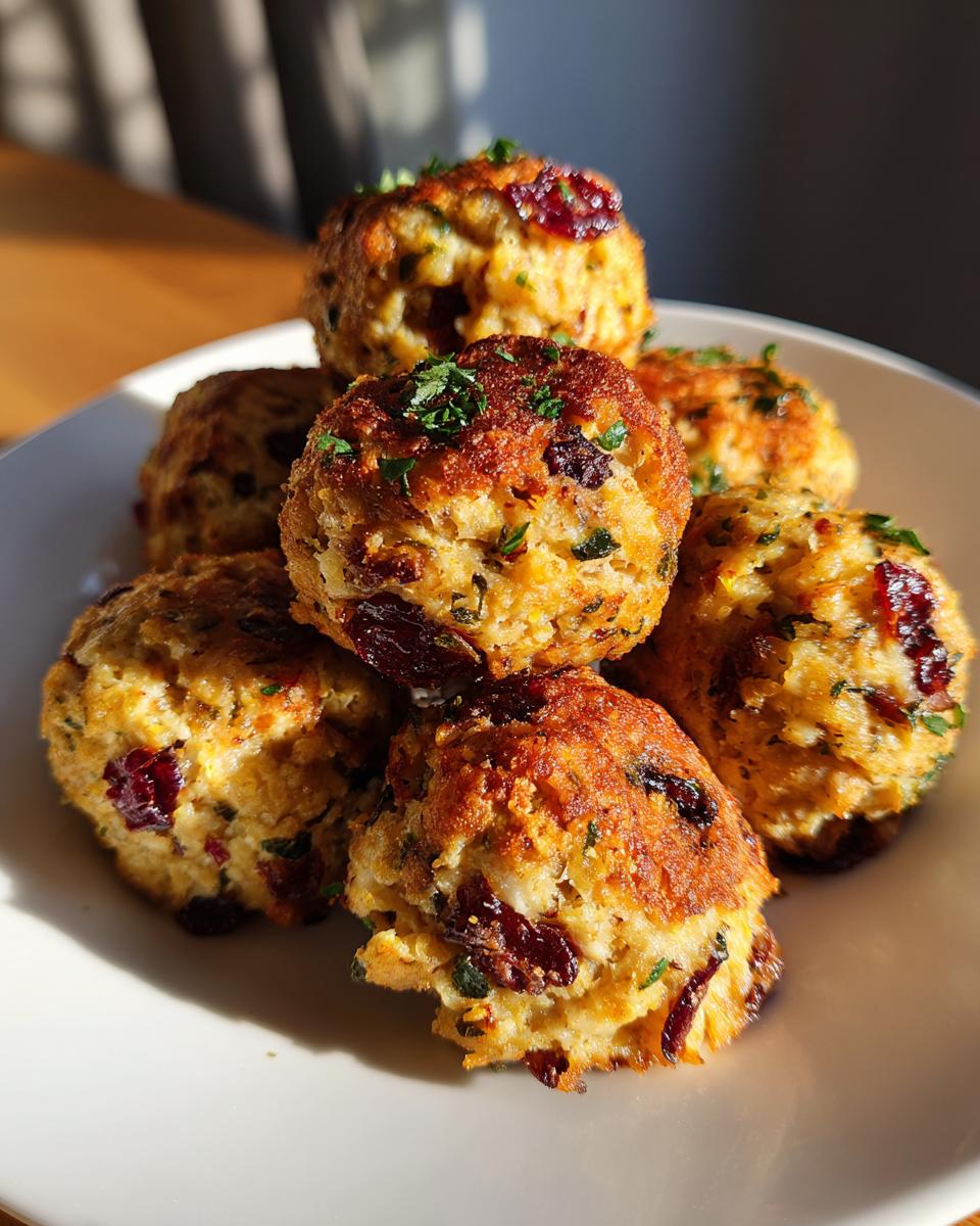 A stack of golden-brown Cranberry Turkey Stuffing Balls on a white plate, garnished with fresh herbs.