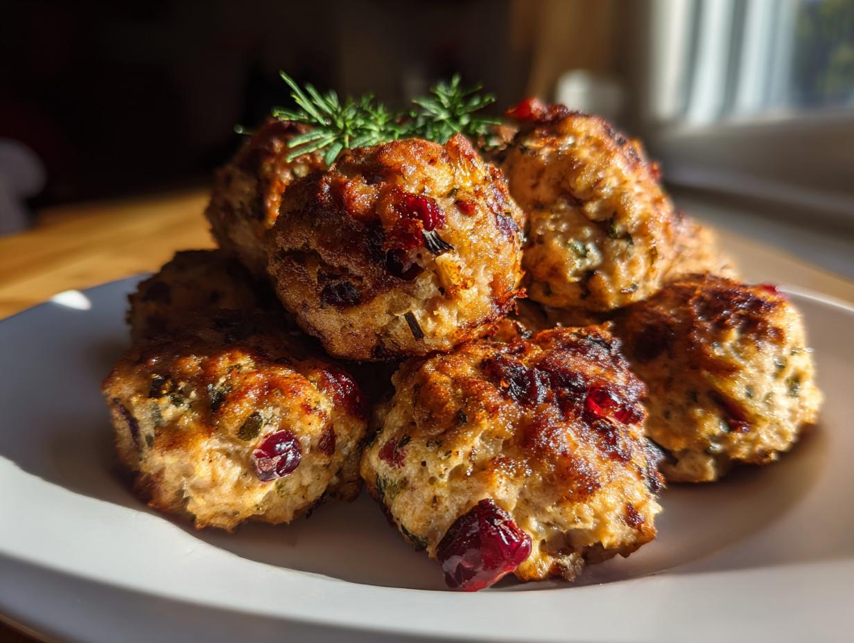 A plate of homemade Cranberry Turkey Stuffing Balls, garnished with rosemary, ready to serve.