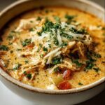 A close-up of a bowl of Creamy Chicken Parmesan Soup, garnished with shredded parmesan and fresh parsley.