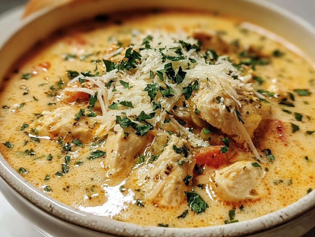Bowl of Creamy Chicken Parmesan Soup, topped with parmesan cheese and parsley.