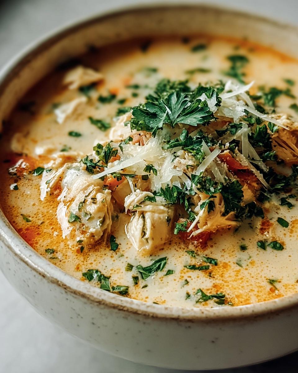 Close-up of a bowl of Creamy Chicken Parmesan Soup, garnished with fresh parsley and parmesan cheese.