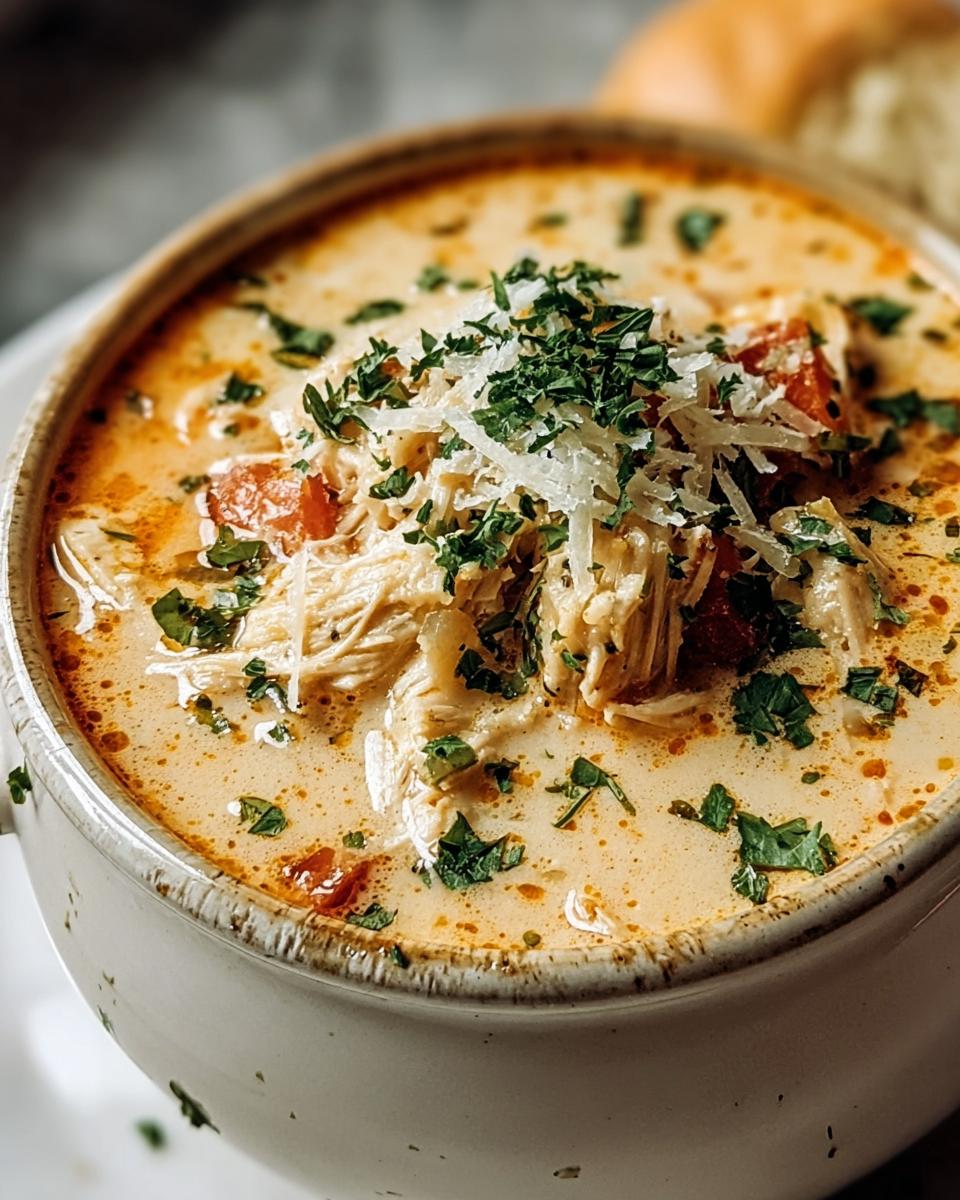 A bowl of Creamy Chicken Parmesan Soup topped with shredded parmesan and parsley. Bread is in the background.