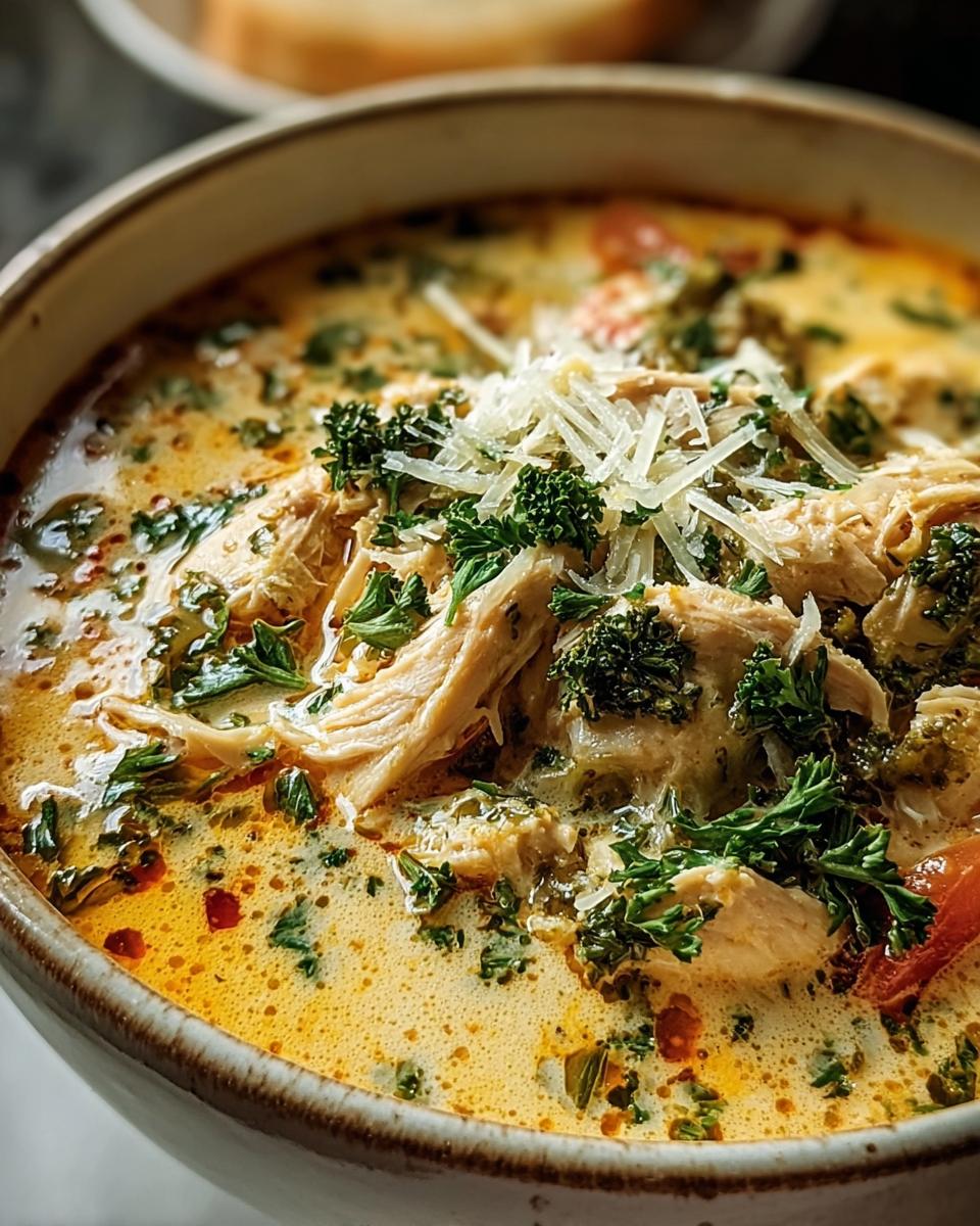 Close-up of a bowl of Creamy Chicken Parmesan Soup, topped with shredded parmesan and fresh parsley.