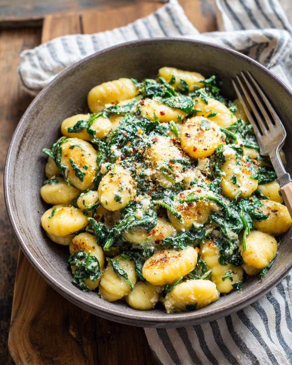 Bowl of Creamy Gnocchi with Spinach and Feta, topped with spices and served with a fork.