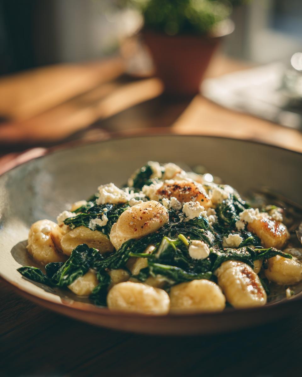 A bowl of Creamy Gnocchi with Spinach and Feta, showcasing the gnocchi, spinach, and crumbled feta.