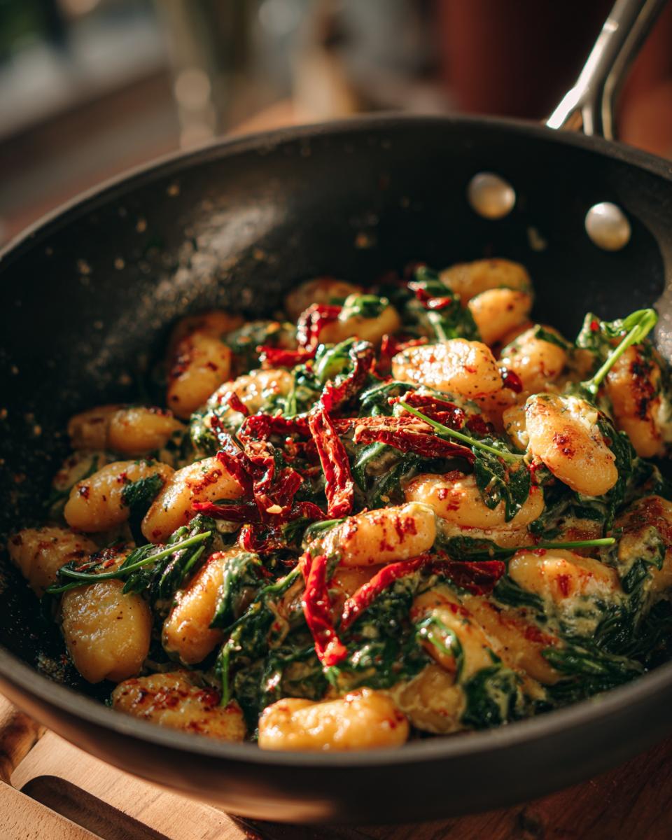 Close-up of Creamy Gnocchi with Spinach and Feta Recipe in a skillet, garnished with sun-dried tomatoes.