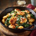 A skillet of Creamy Gnocchi with Spinach and Feta Recipe, featuring golden-brown gnocchi and vibrant green spinach.